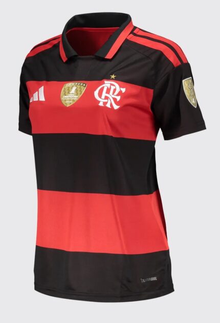 Camisa Flamengo 2026/27 Patchs Campeão Libertadores - Torcedor Feminina - Vermelha Preta (Rubro-Negra)