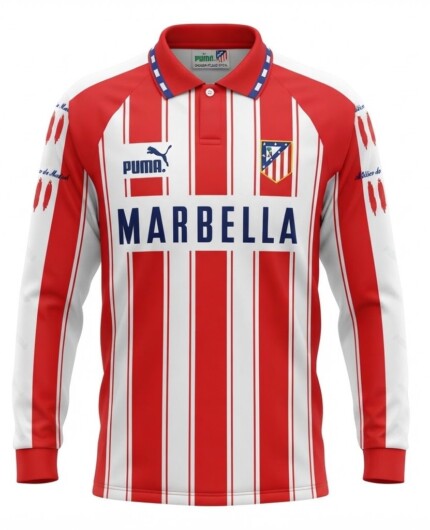 Camisa Atlético de Madrid 1994/95 Home I Manga Longa - Retrô Masculina - Vermelha - Branca