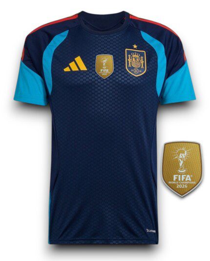 Camisa Espanha 2026/27 Treino - Patch Campeão Copa do Mundo - Torcedor Masculina - Azul